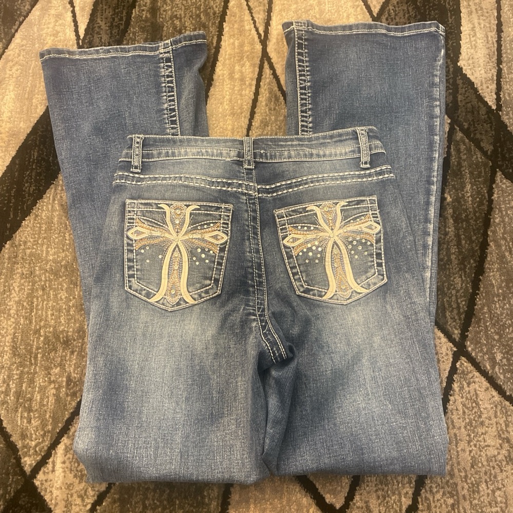 Blue Boot-Cut Jeans with Decorative Embroidered Back Pockets